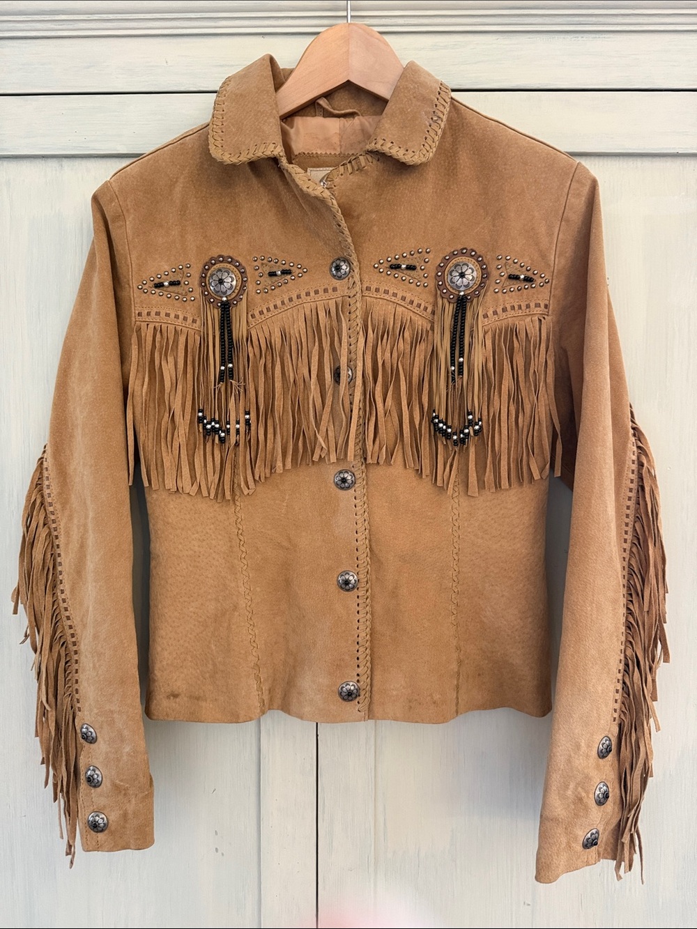 Scully Camel Suede Fringe Jacket with Beaded Conchos